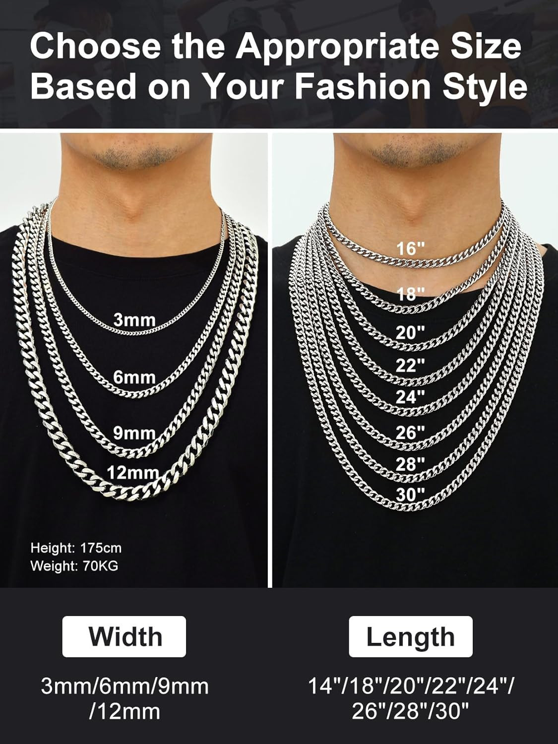 18-40MEN Stainless Steel 3/4/5/6/8Mm Gold Plated Miami Cuban Chain Necklace*155