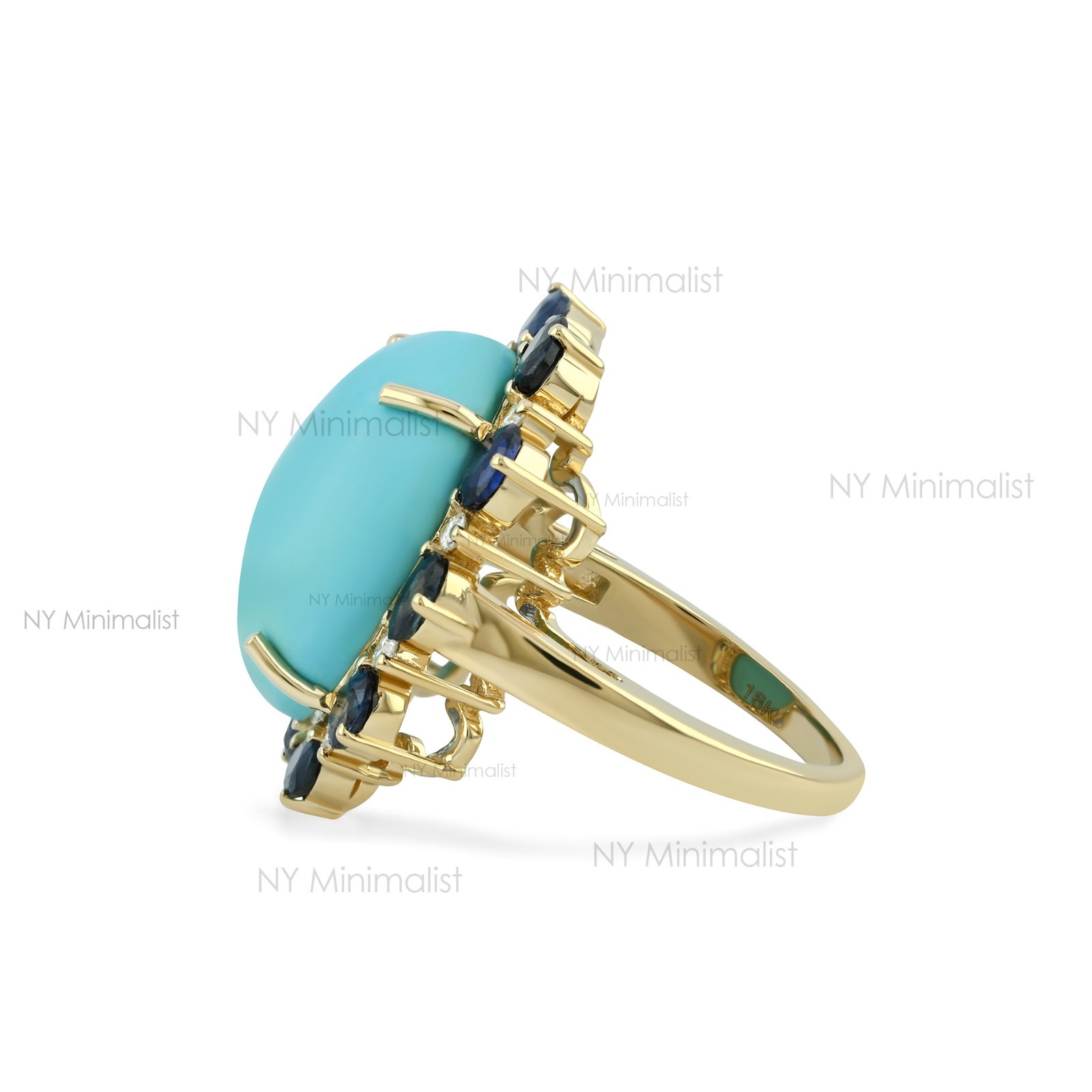 14K Solid Gold Genuine Oval Turquoise Blue Sapphire and Diamond Engagement Ring