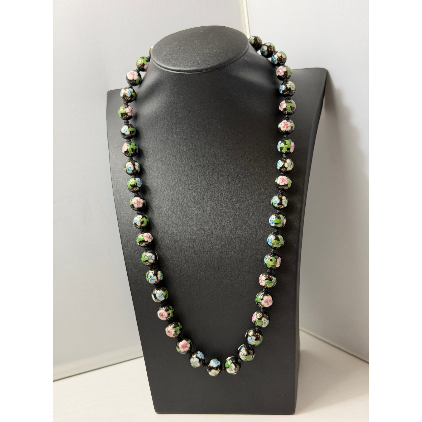 Vintage Cloisonne Necklace Black Beaded Chinese Export