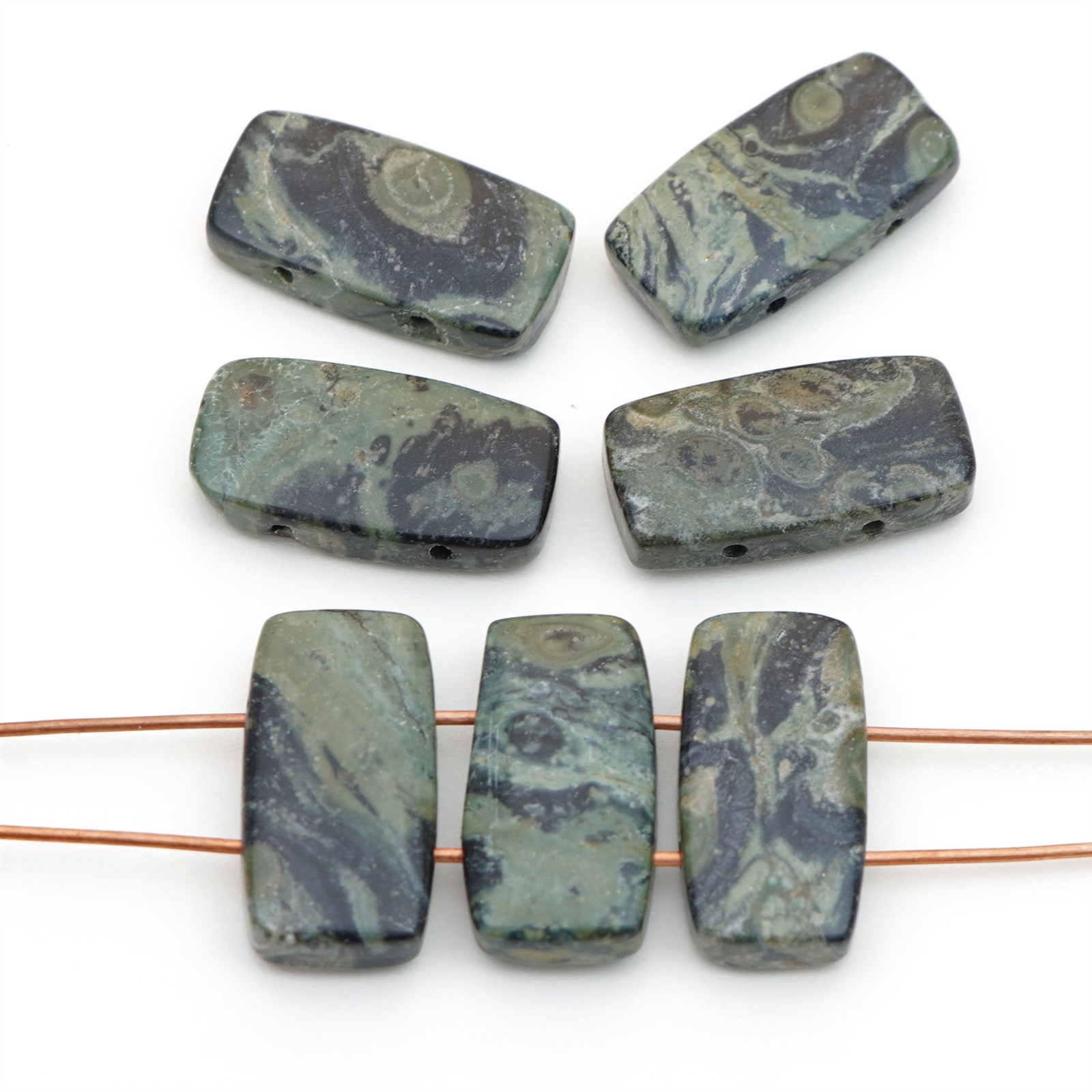 7 kambaba jasper flat rectangle 2 hole stone beads black green avg 20mm