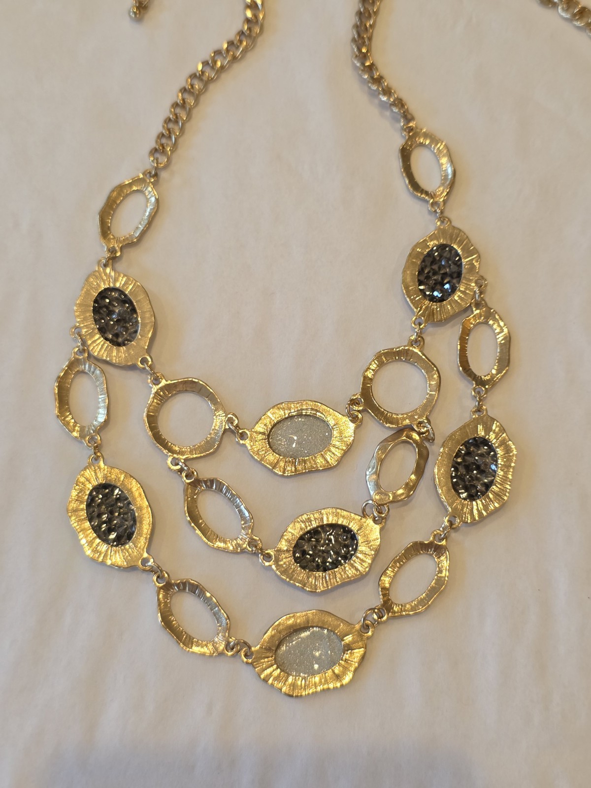 Sparkly Layered Charcoal Gray Bicone Glass Bead Station Necklace Gold Tone Chain