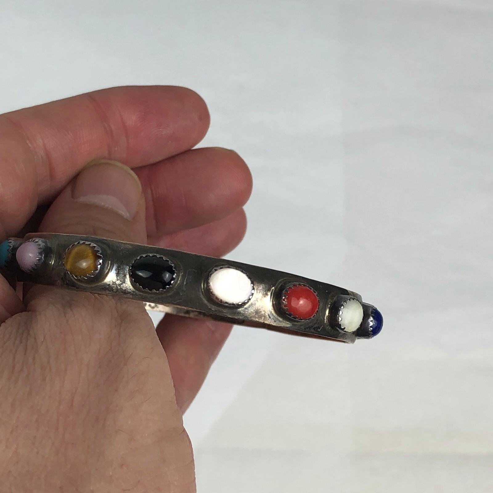 Sterling Silver Bangle bracelet inlaid semi precious stones coral lapis other