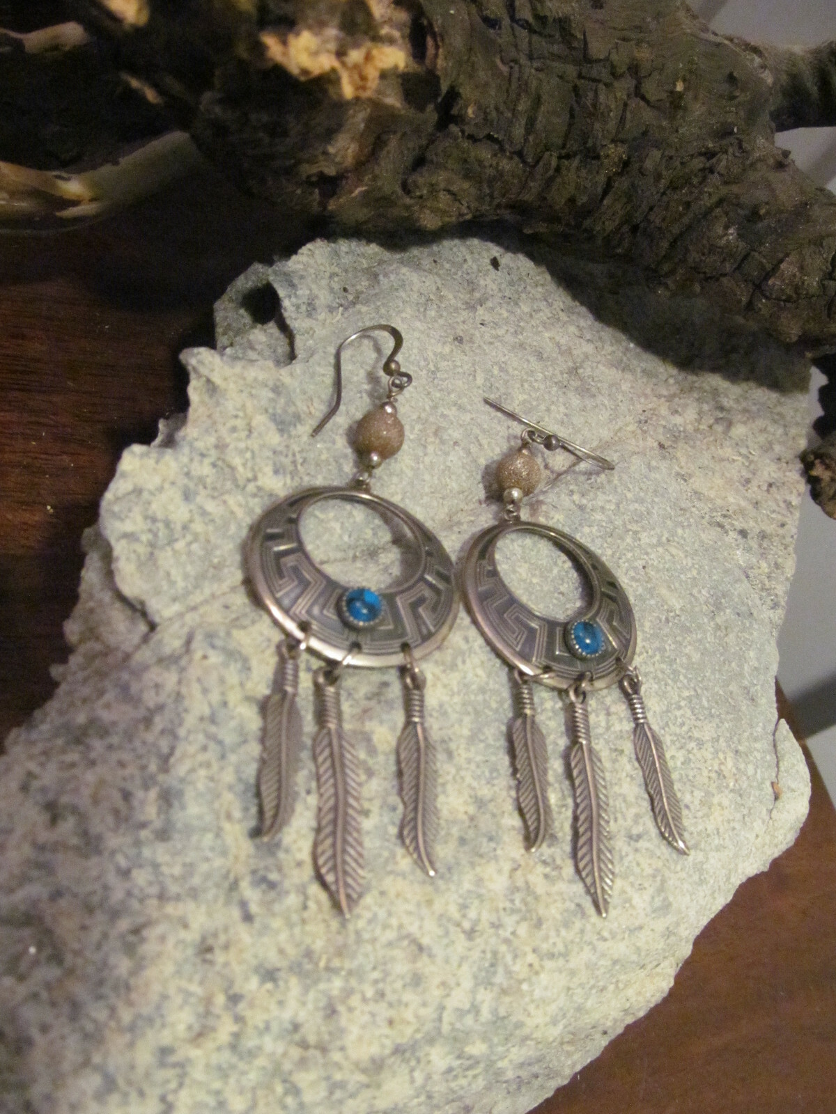 Vtg WM WHEELER MANUFACTURING Sterling Silver 925 Turquoise Feather Hook Earrings