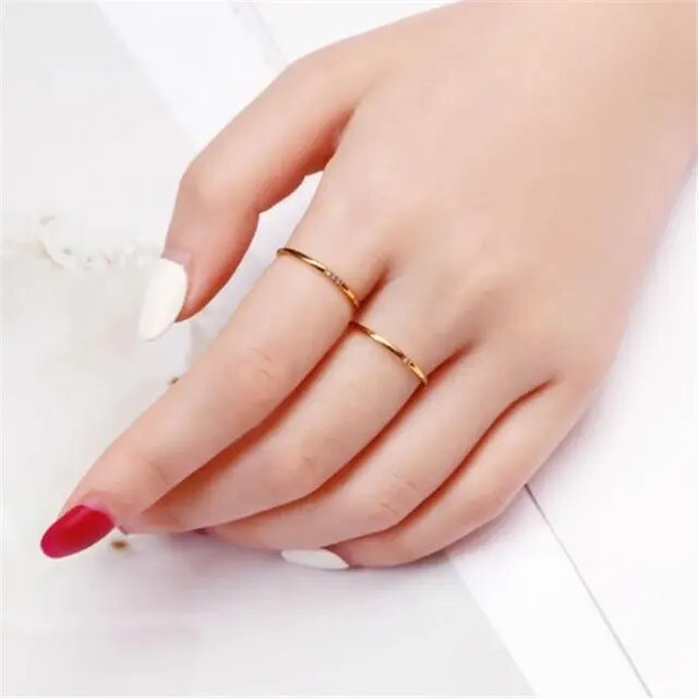Women 1mm Thin Silver Gold Plated CZ Inlay Stainless Steel Stackable Ring Band
