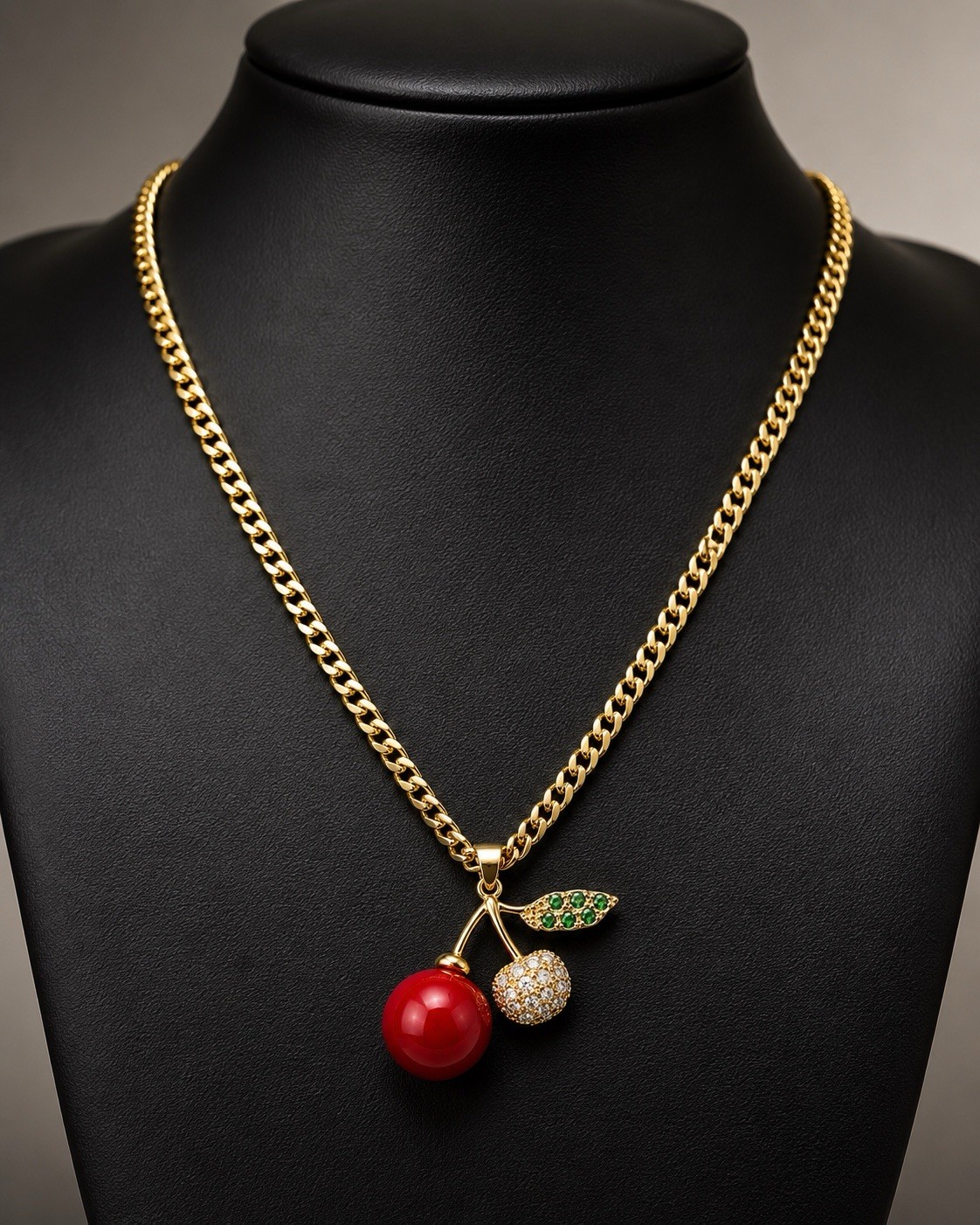 14K Gold Filled Cherry Necklace Red CZ Fruit Pendant Cuban Chain Gift for Women