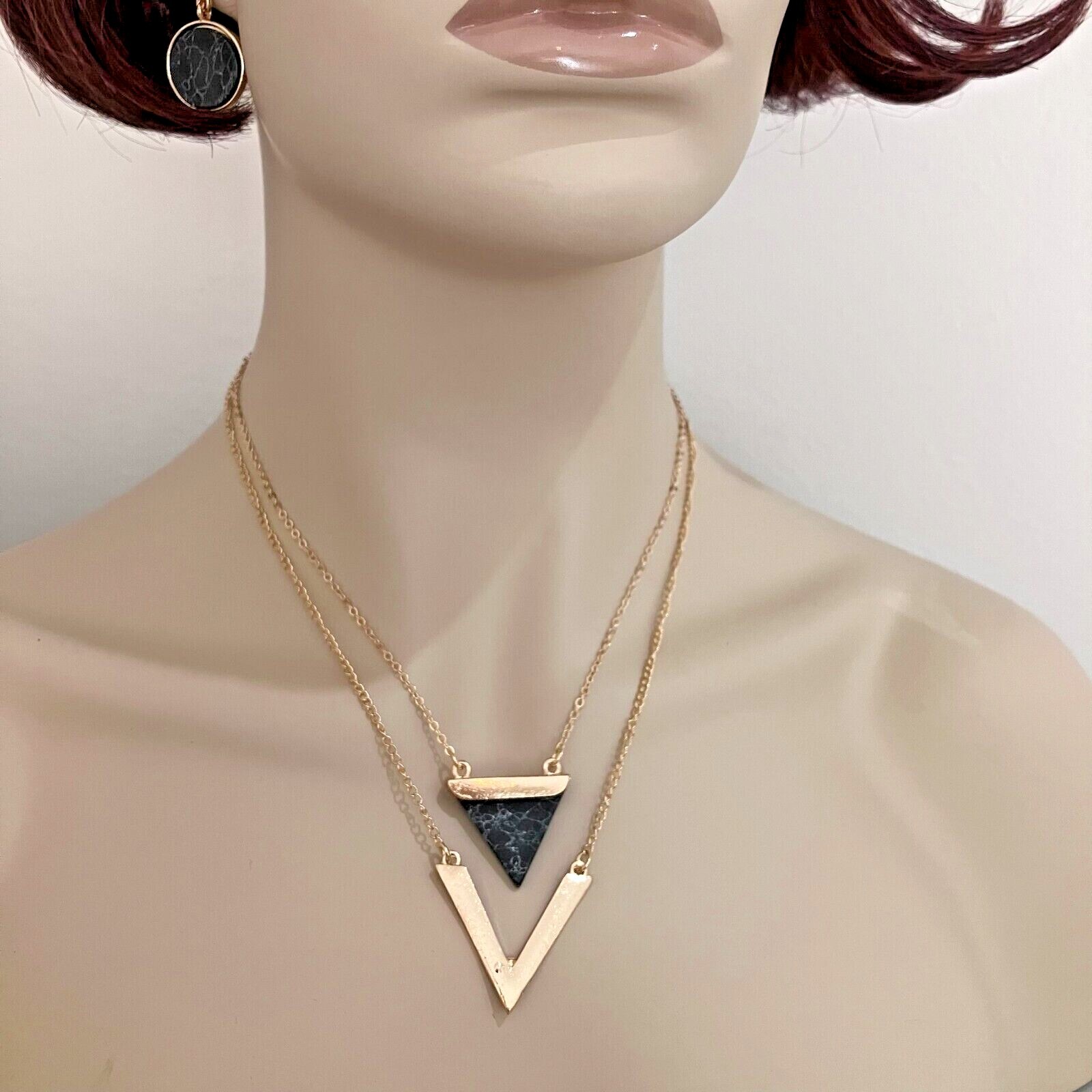 Jewelry Set-Necklace Earrings-Gold Tone-Black Marble Cut Out-Contemporary Style