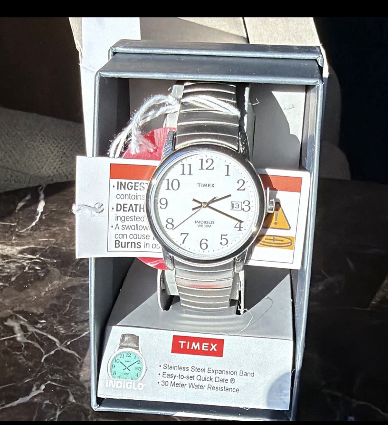 Timex Easy Reader Indiglo Quartz 35mm White Dial Date SS Expansion 30m w/ Box