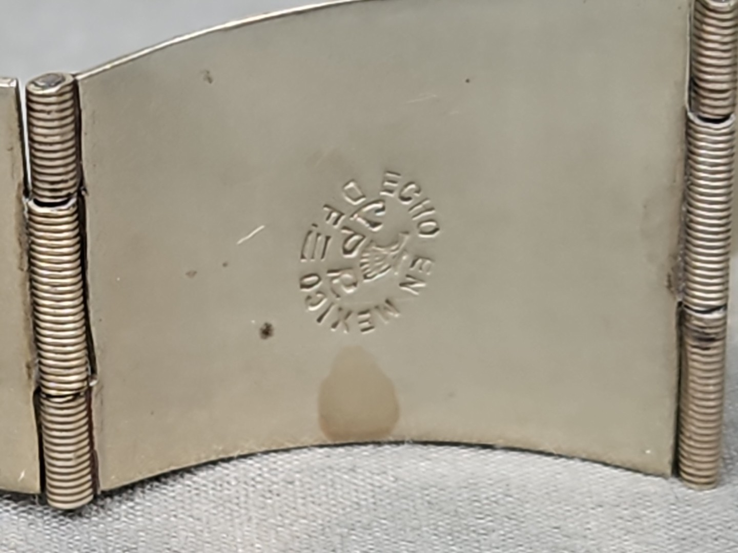 Vintage Alpaca Silver Mexico Two-Tone Mayan Sun Eagle Warrior 6¾” Panel Bracelet
