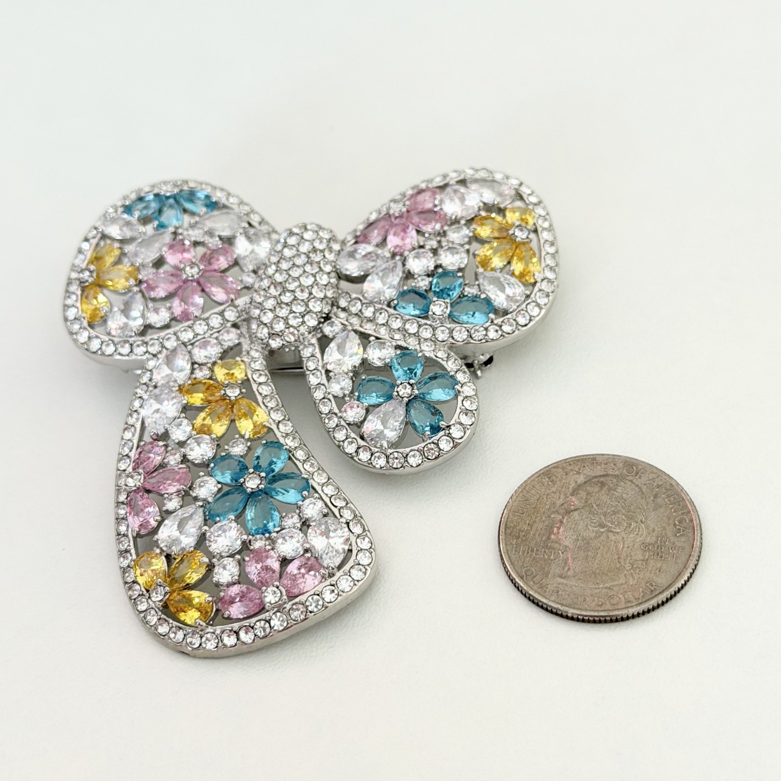 Joan Boyce Huge Multicolor Crystal Bow Ribbon Spring Flower Statement Brooch Pin