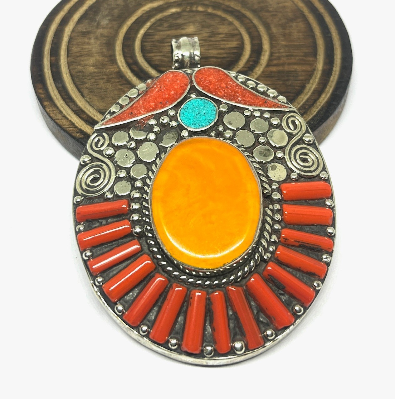 Art Deco Amber Coral Gemstone Tibetan Style Boho Pendant Jewelry, 2.8 inch