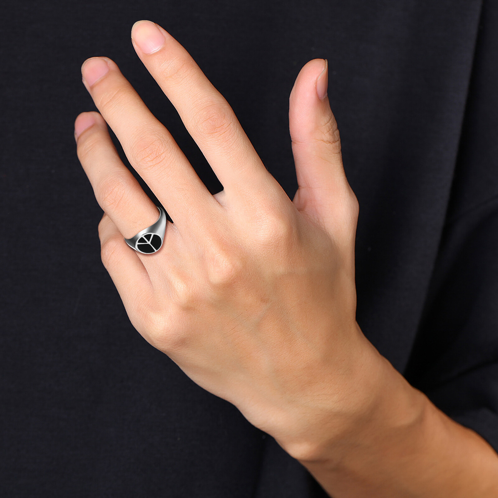 Men Gold Plated Stainless Steel Signet Ring Peace Sign Symbol No War Hippie Band