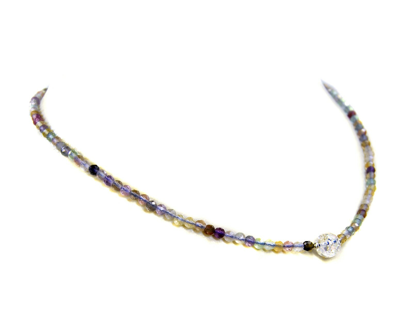 Gemstone Fluorite Necklace 925 Silver Faceted Ø-3mm with Rock Crystal Pearl