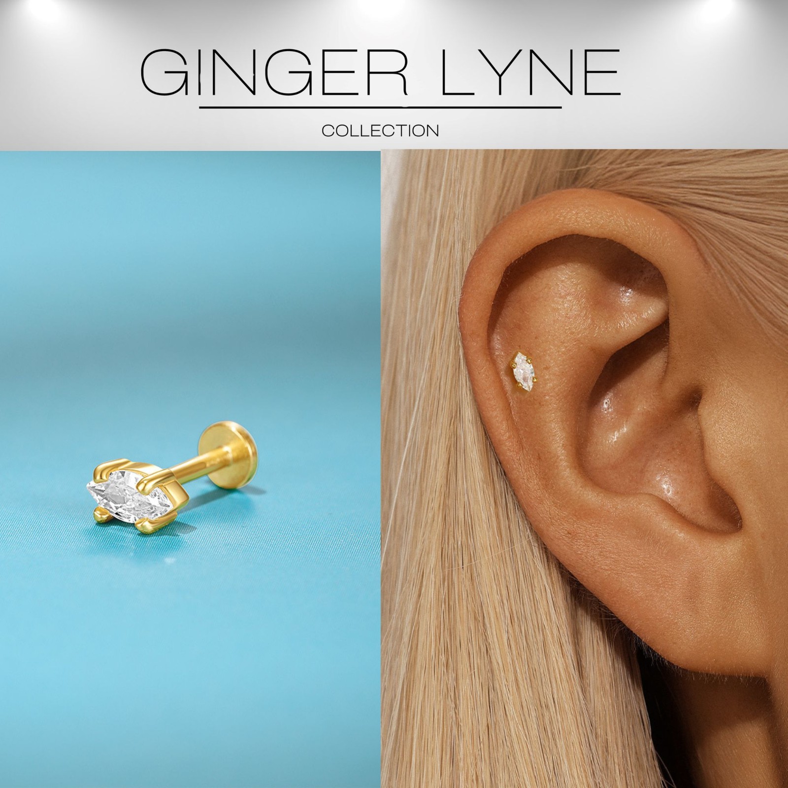 Marquise CZ Flat Back Earrings for Cartilage Helix Tragus Lobe 14Kt Gold Plat…