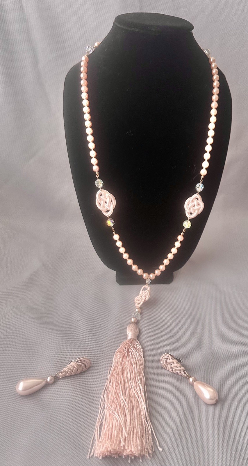 Pink Faux Pearl/Crystal bead Necklace W/ Braided Knot/Tassel & Matching Earrings