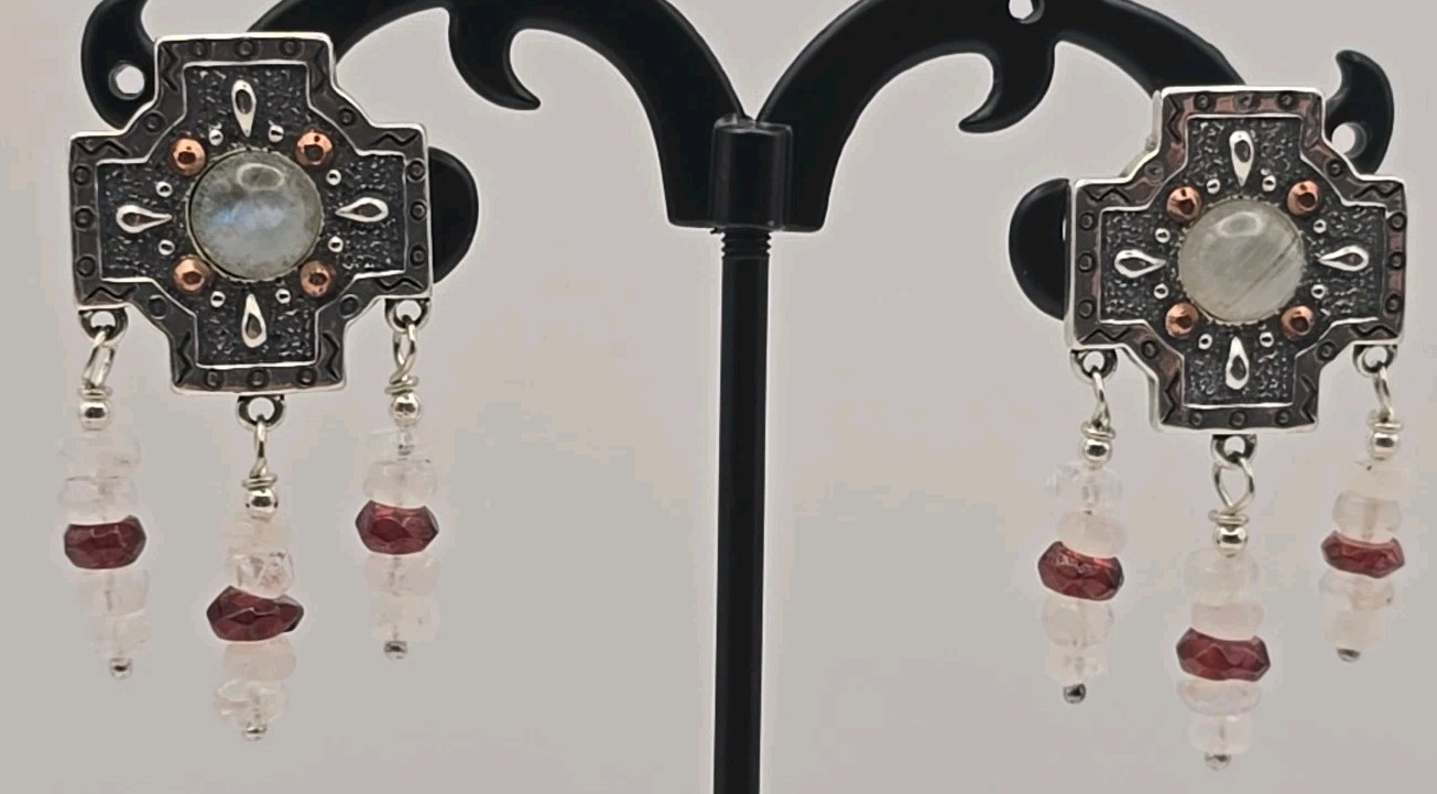 CAROLYN POLLACK 9.25/Copper Two Tone Moonstone Tourmaline Cross Earrings 12.45g