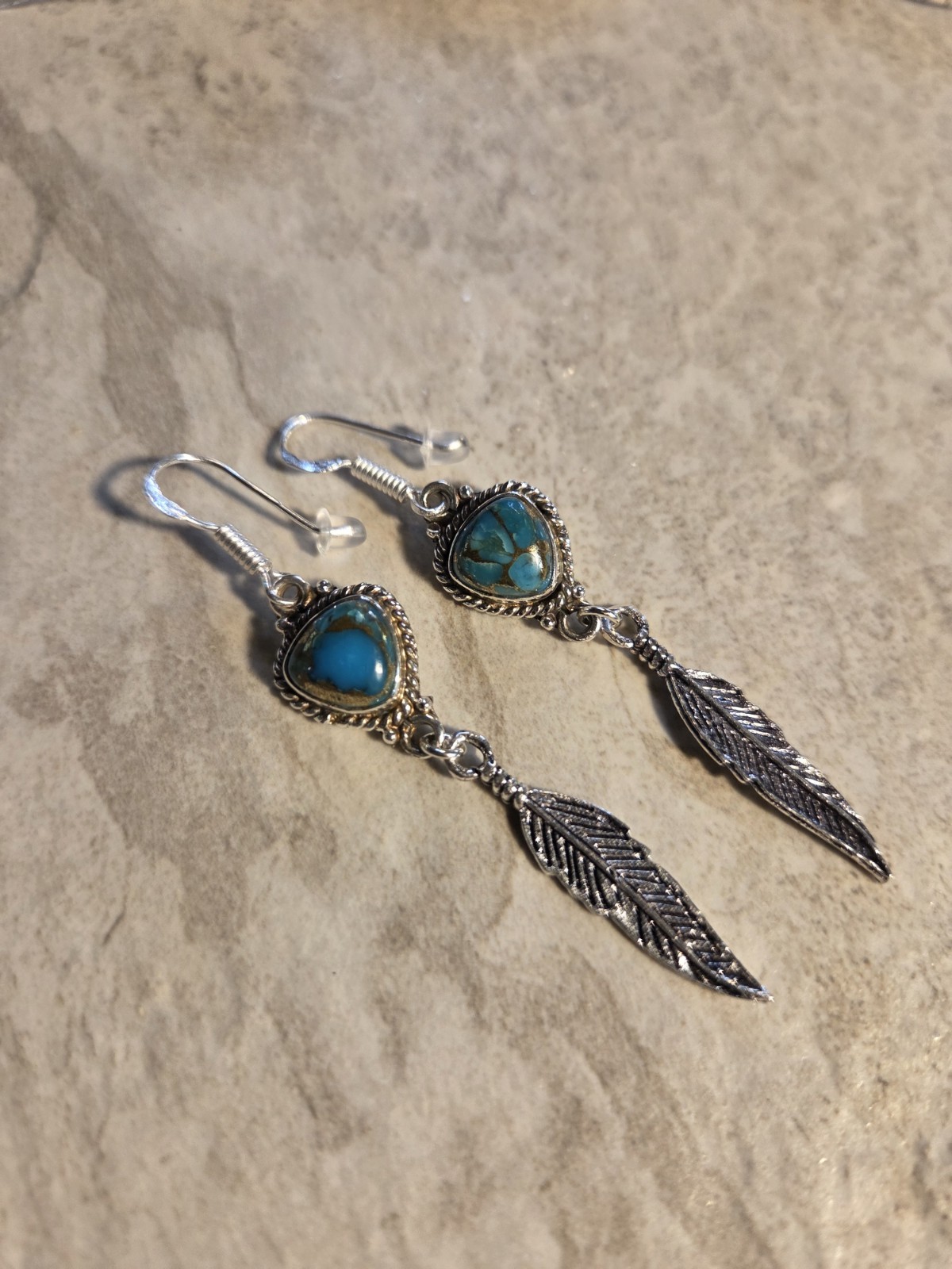 Genuine Turquoise W/ Feather Sterling Silver Dangle Earrings E19