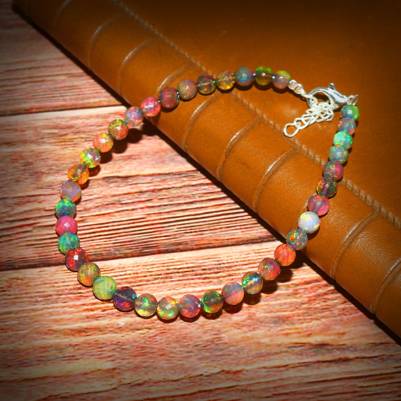 Ethiopian Fire Opal Faceted Round Beads Necklace Play of Color Gemstone 18″ 1345