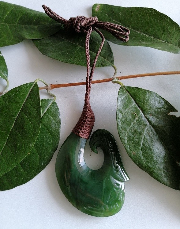 New Zealand Jade Greenstone Bound Fish Hook X Large pendant 70mm L x 45mm W