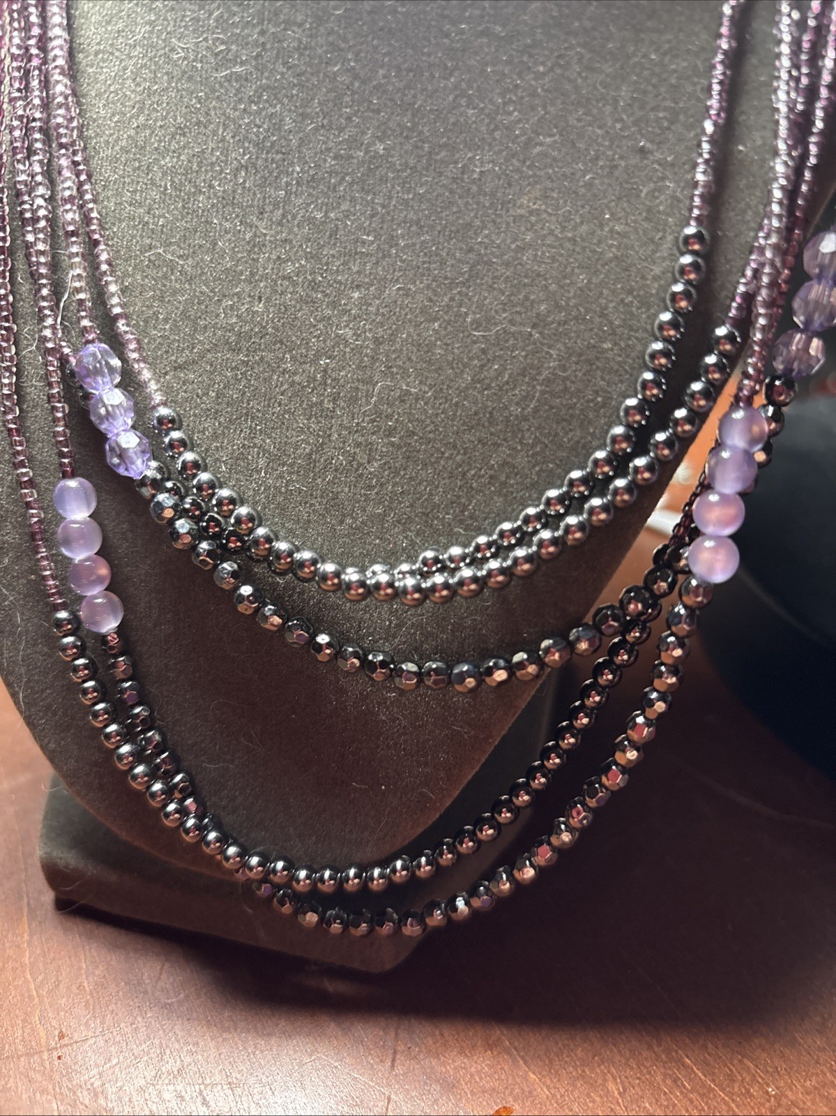 20” 5 Strand Purple Seed Brad, Lavender Acyrlic, and Black Bead Necklace.