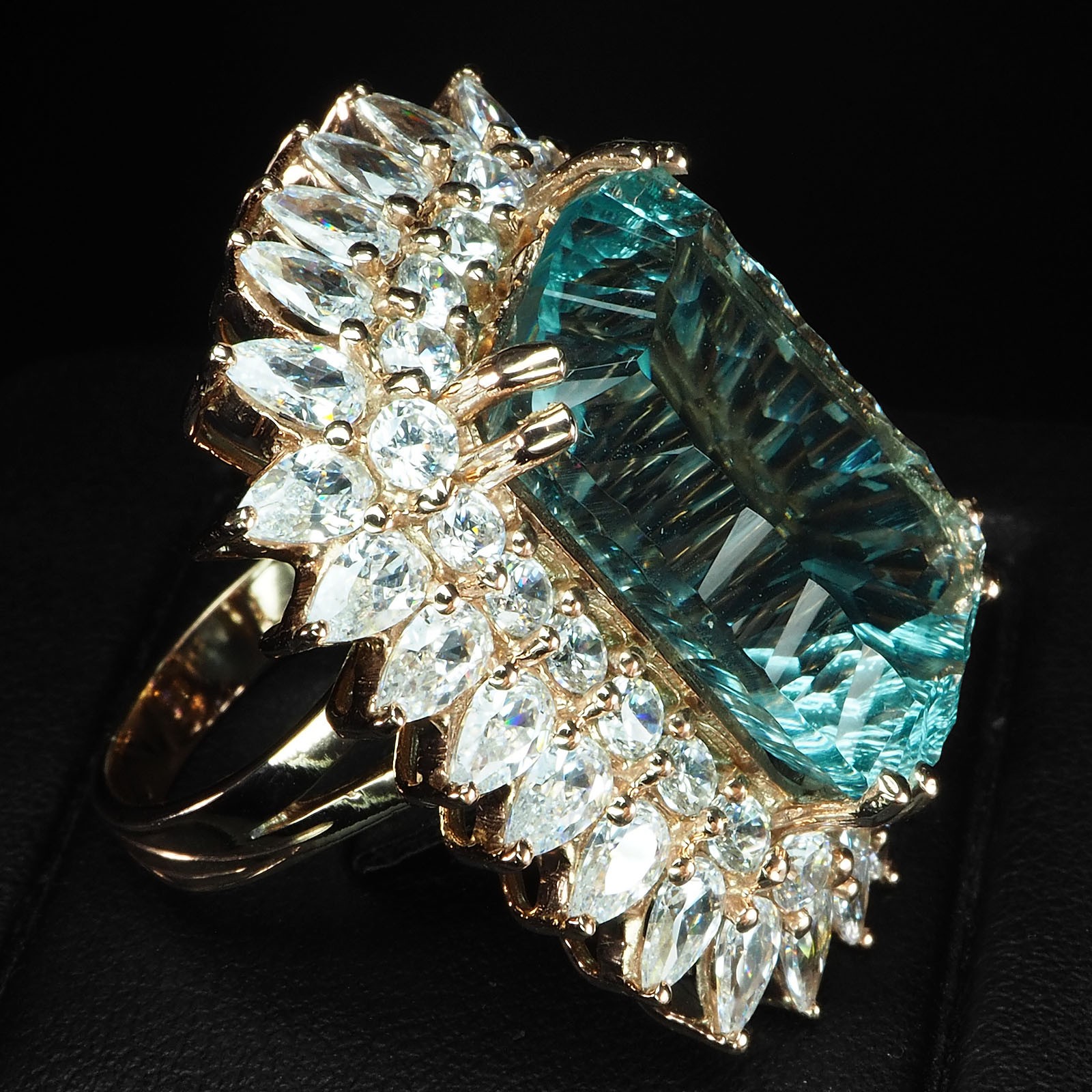 Concave Sky Blue Aquamarine 23.10Ct 925 Sterling Silver Rose Gold Rings Size 7