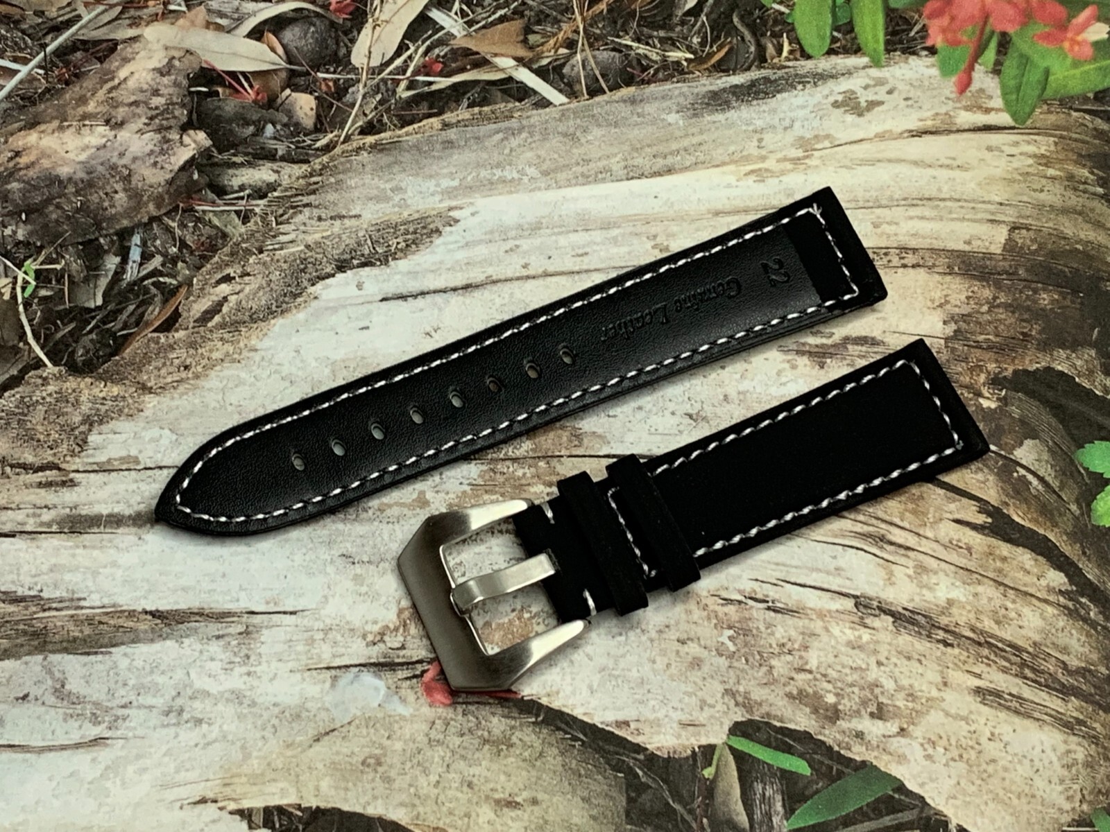22 mm Black Suede White Stitches Silver Brushed Silver Pre-V Buckle Watch Band