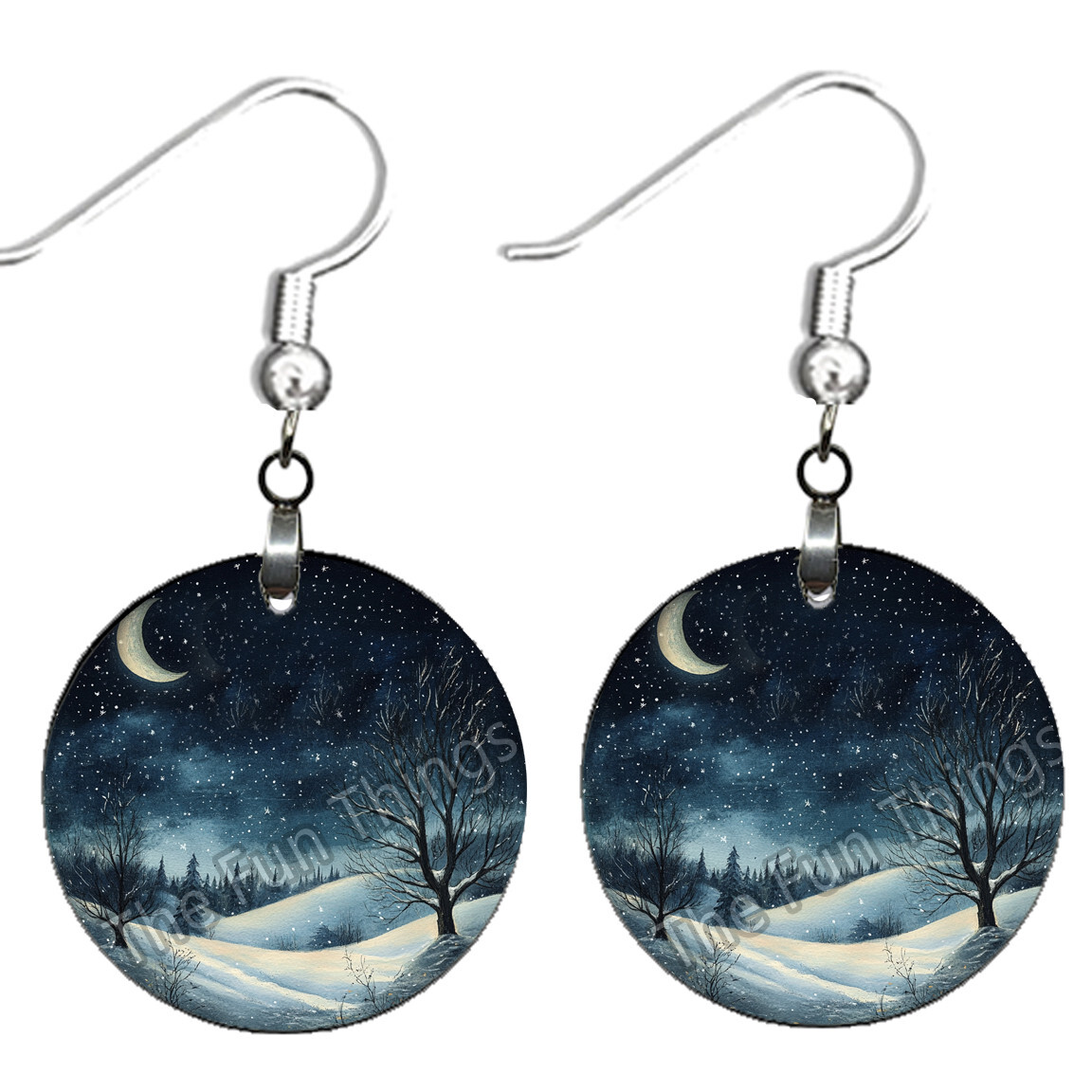 Snowy Winter Art Print Earrings NO TARNISHING Wood Crescent Moon Starry Sky