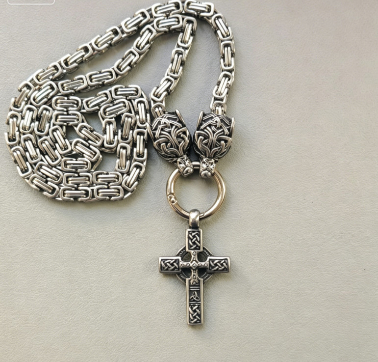 Large Wolf Cross Necklace – Heavy Stainless Steel Celtic Viking Pendant for Men