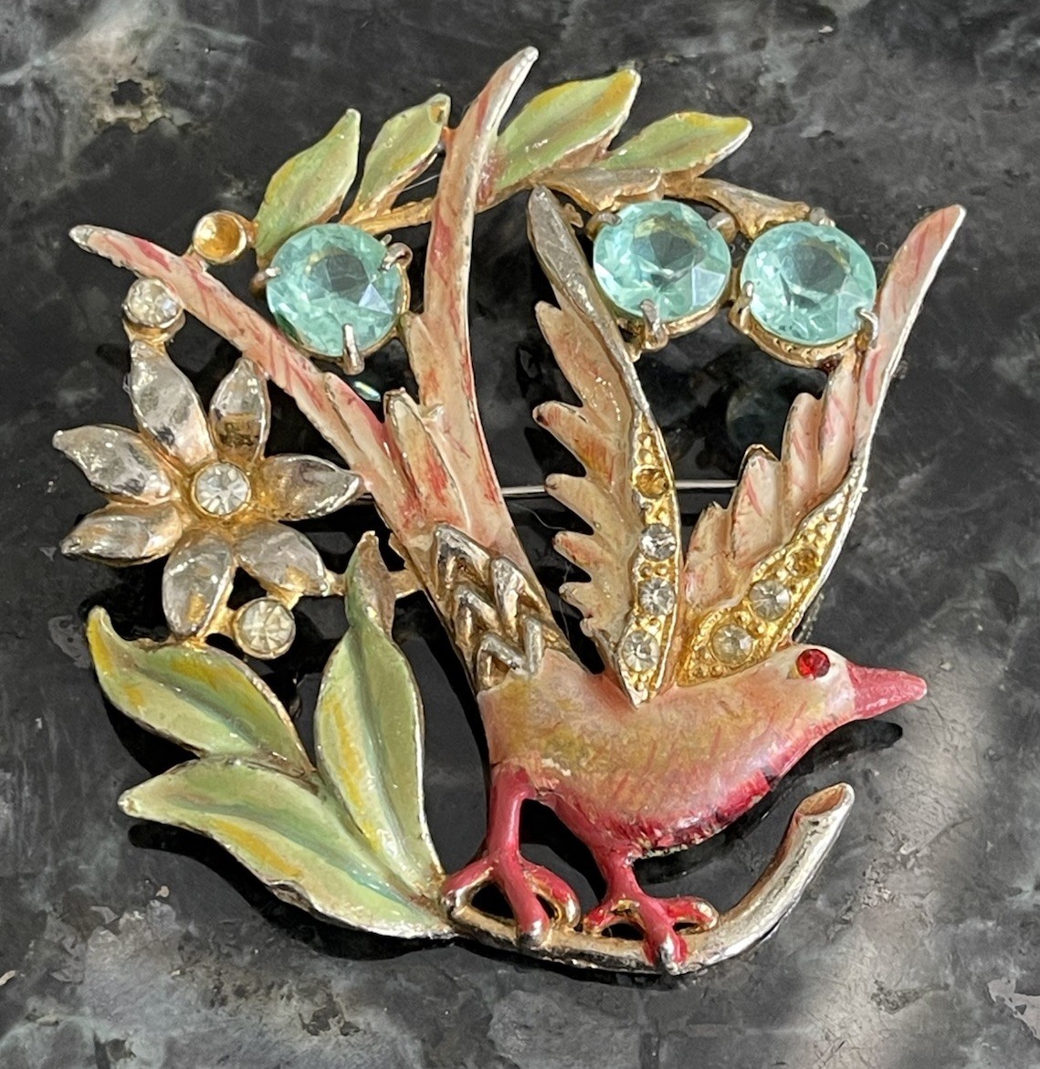 1940s Bird Of Paradise Eden Brooch Pot Metal Enamel Rhinestone Missing 3 Stones