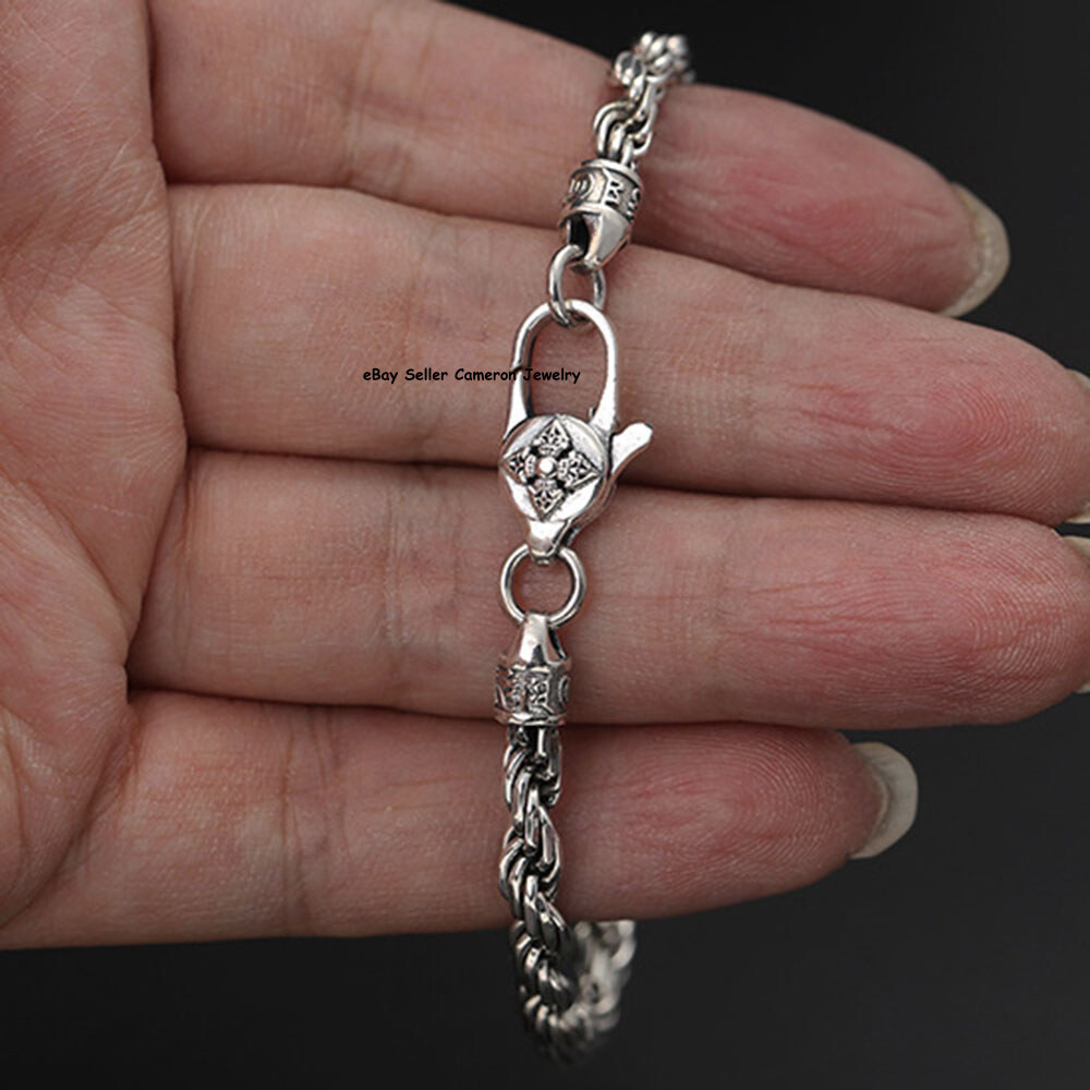 Pure S925 Sterling Silver Chain 4mm Lucky Twist Rope Link Bracelet 6.7-8.3inch
