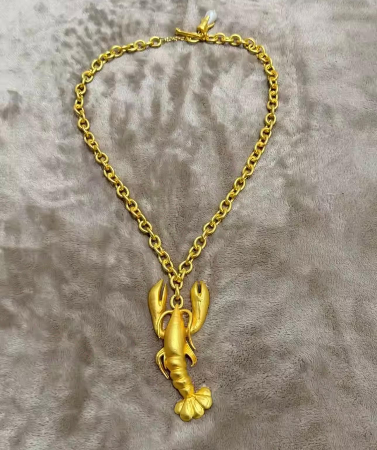 Gold Color Plated Brass Lobster Pendant Necklace Chunky Statement Vintage Style