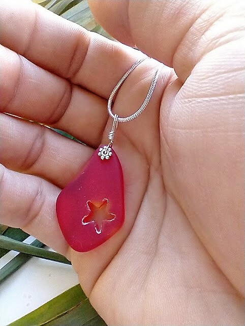Hand Carved Starfish Red Sea Glass Pendant Silver Necklace 18″