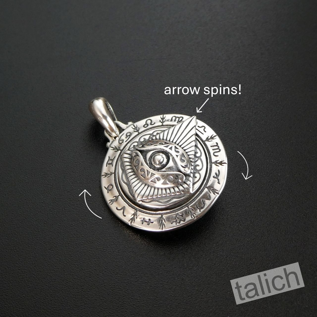 925 Sterling Silver Astrology Zodiac Disc Amulet Pendant All Seeing Eye Spinner