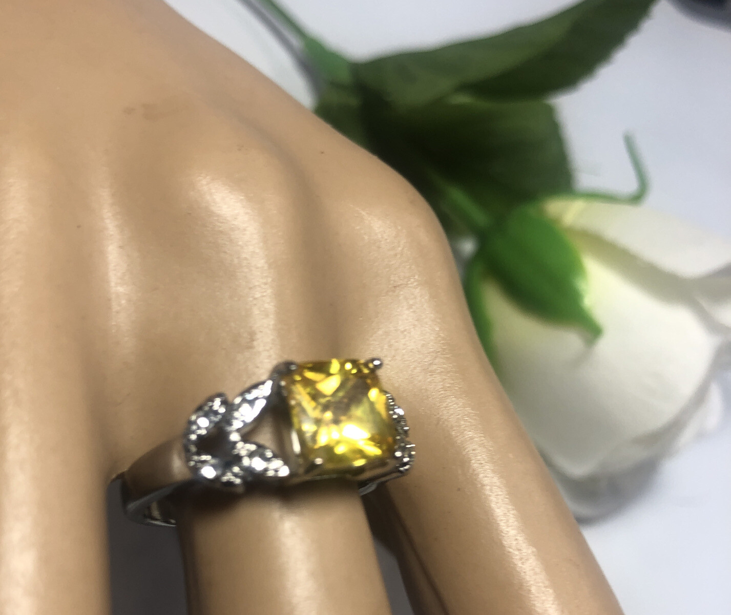 Ring Silvertone Yellow Faux Citrine Prince Cut Rhinestone Clear Accent Solitaire
