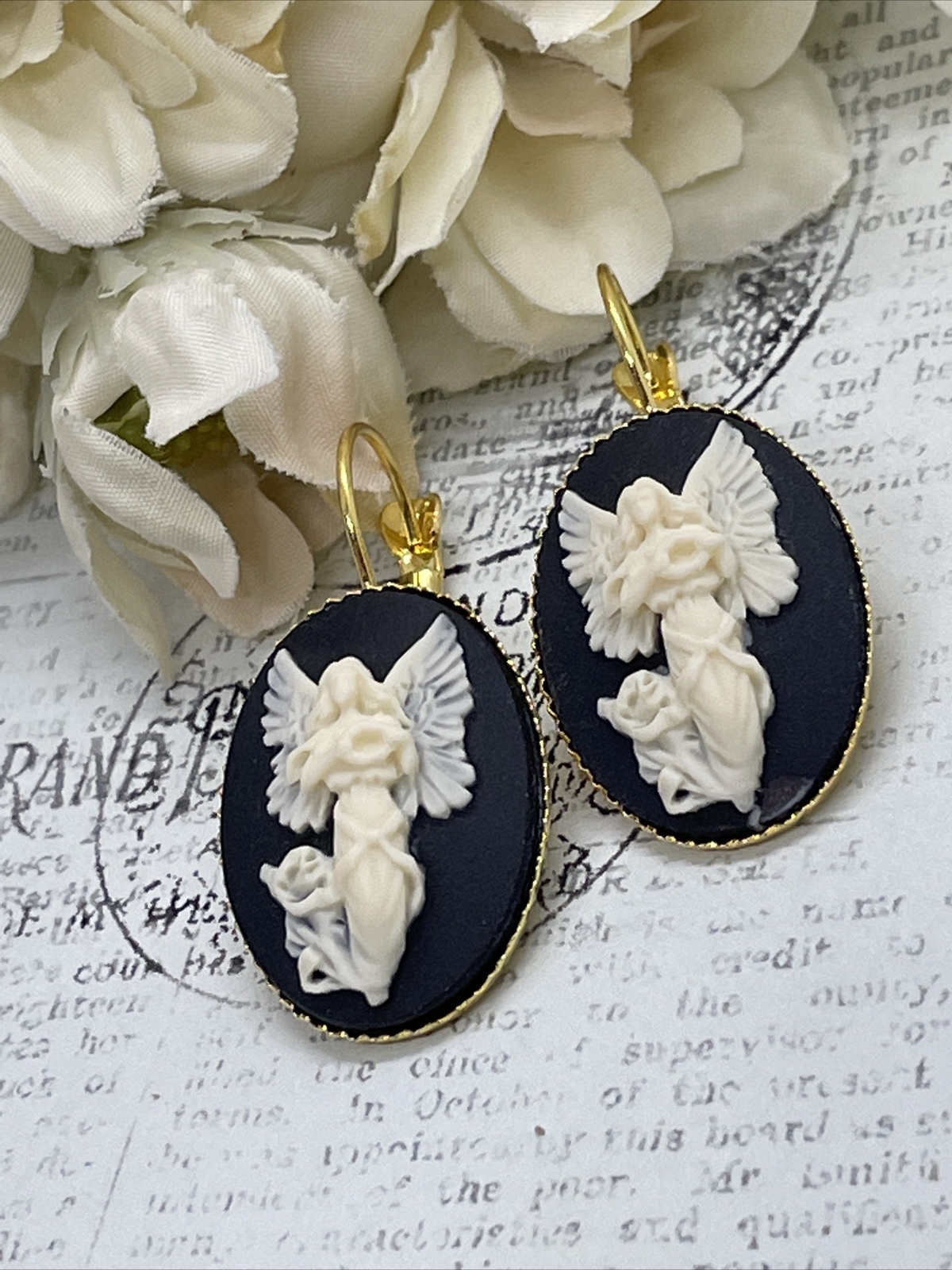 Gold Cream & Black Victorian Angel Wedding Anniversary Earrings Cameo Birthday