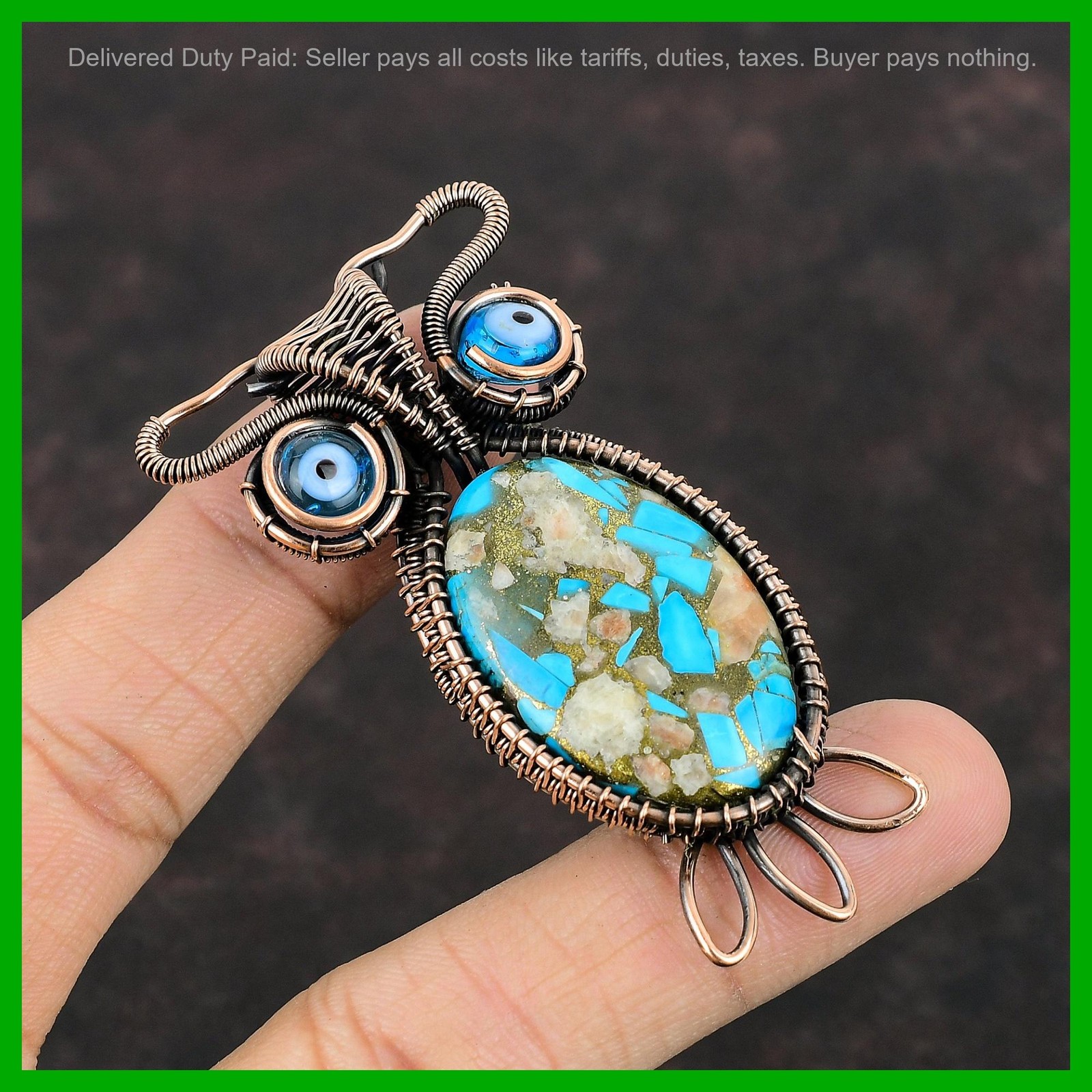 Oval Pink Opal Copper Turquoise Stone Blue Color Evil Eye Wedding Pendant Copper