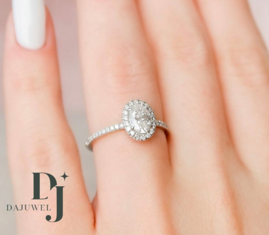 2.30 Carat Oval Cut F/VVS1 Moissanite Halo Engagement Ring Solid 14K White Gold