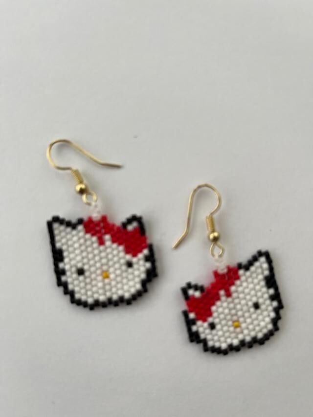 –#2 Hello Kitty Hand Beaded Earrings with Delica Seed Beads 3/4″