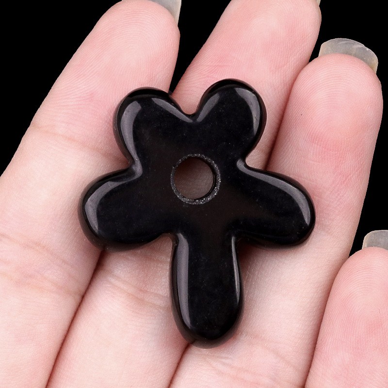 10pcs Natural Obsidian Stone Hollow Flower Pendant DIY Jewelry Making 31x35mm