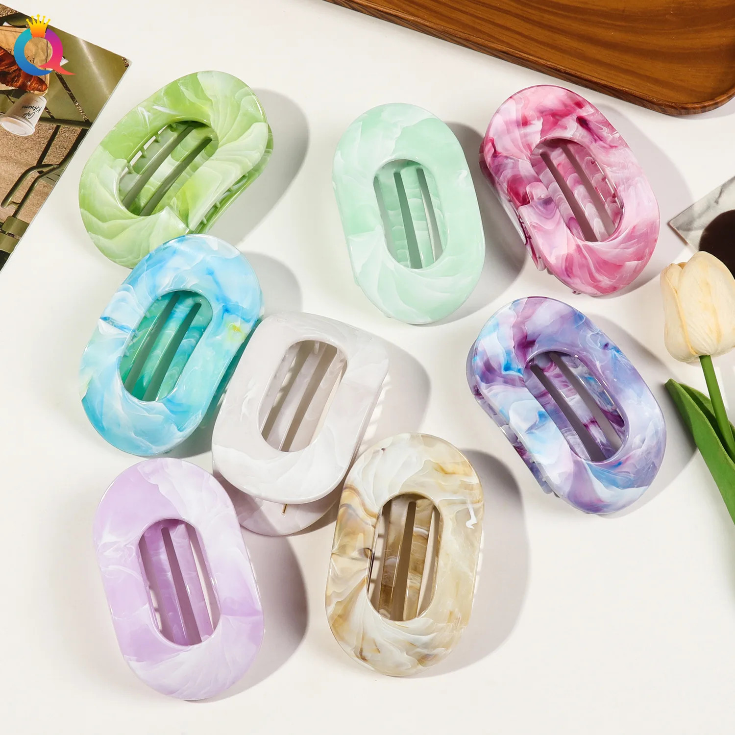 Oval Hair Claw Acrylic Marbling Flat Circular Grip Colorful Updo Women Headwear