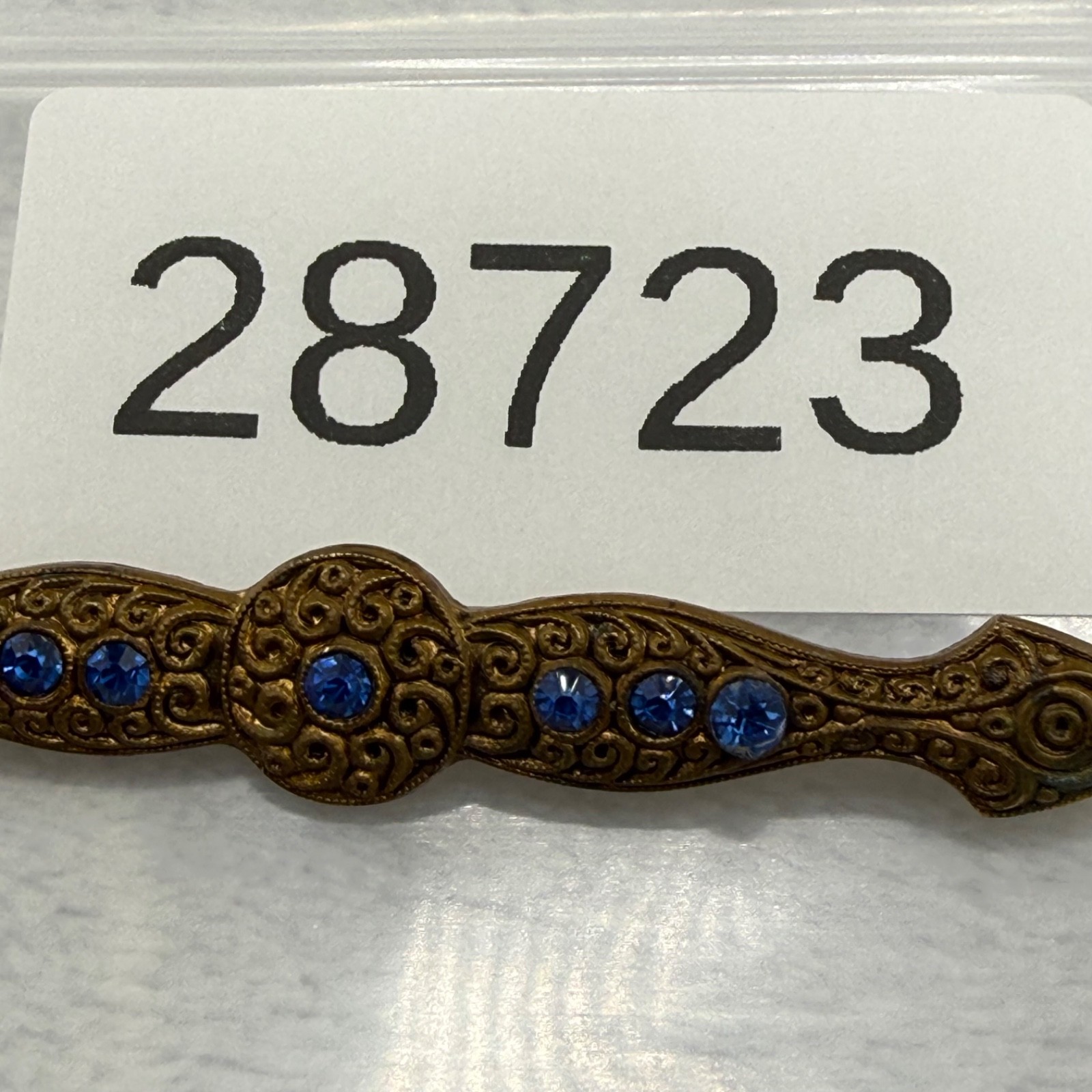Vintage Art Nouveau Bar Brooch Blue Rhinestone Gold Tone