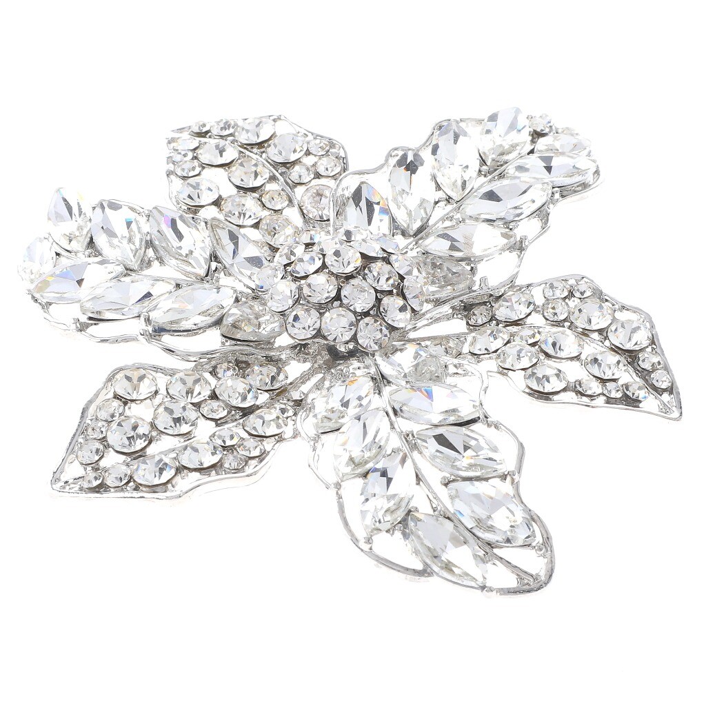 Silver Tone Metal Large Crystal Flower Brooch P1375-SCL