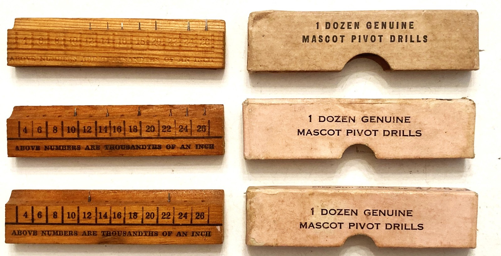 VINTAGE 15 WATCHMAKER’S MASCOT FLAT PIVOT DRILLS BY GROBET USA IN ORIGINAL BOXES