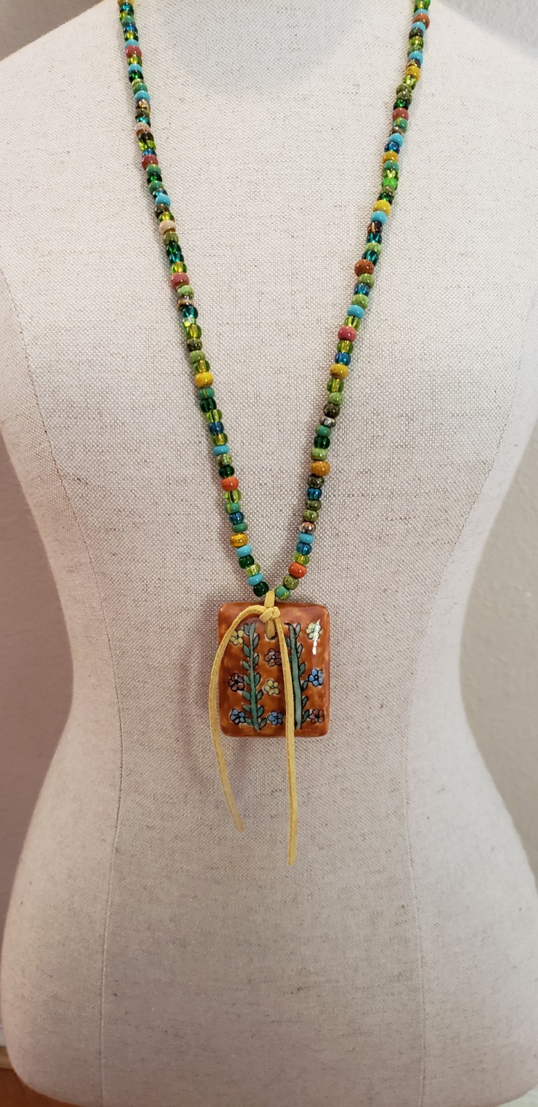 Handmade Ceramic Floral Pendant Necklace Czech Glass Beads Boho 32″ OOAK