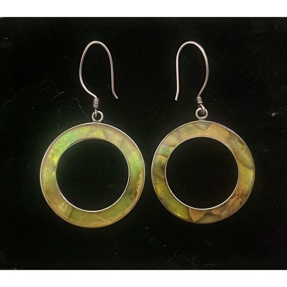 Sterling Silver Abalone Shell Circle Drop Earrings Iridescent Green Gold Hoop