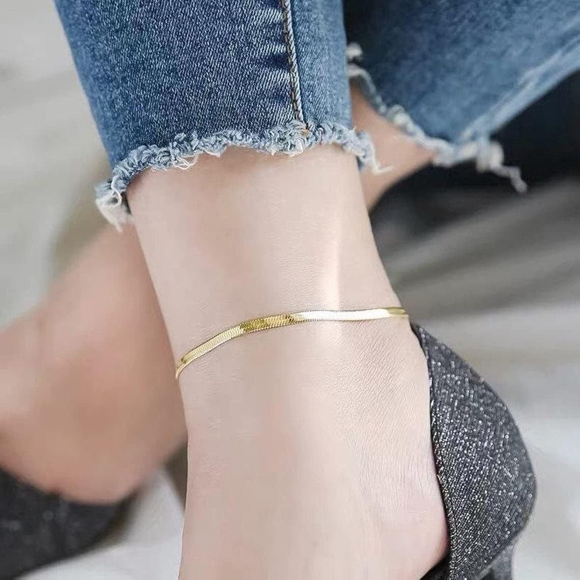 Exquisite 4mm Herringbone Anklet – Perfectly Plated in 14K Gold, Gift-Ready