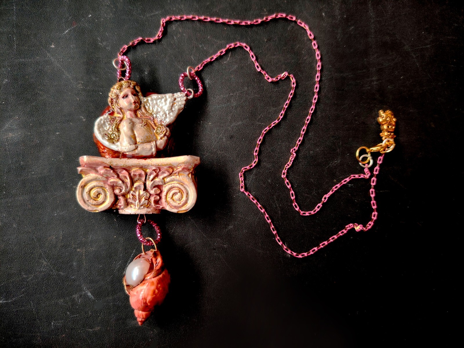 Necklace Winged Angel Cherub Talisman Baroque Pendant Amulet Shell Jewelry Charm