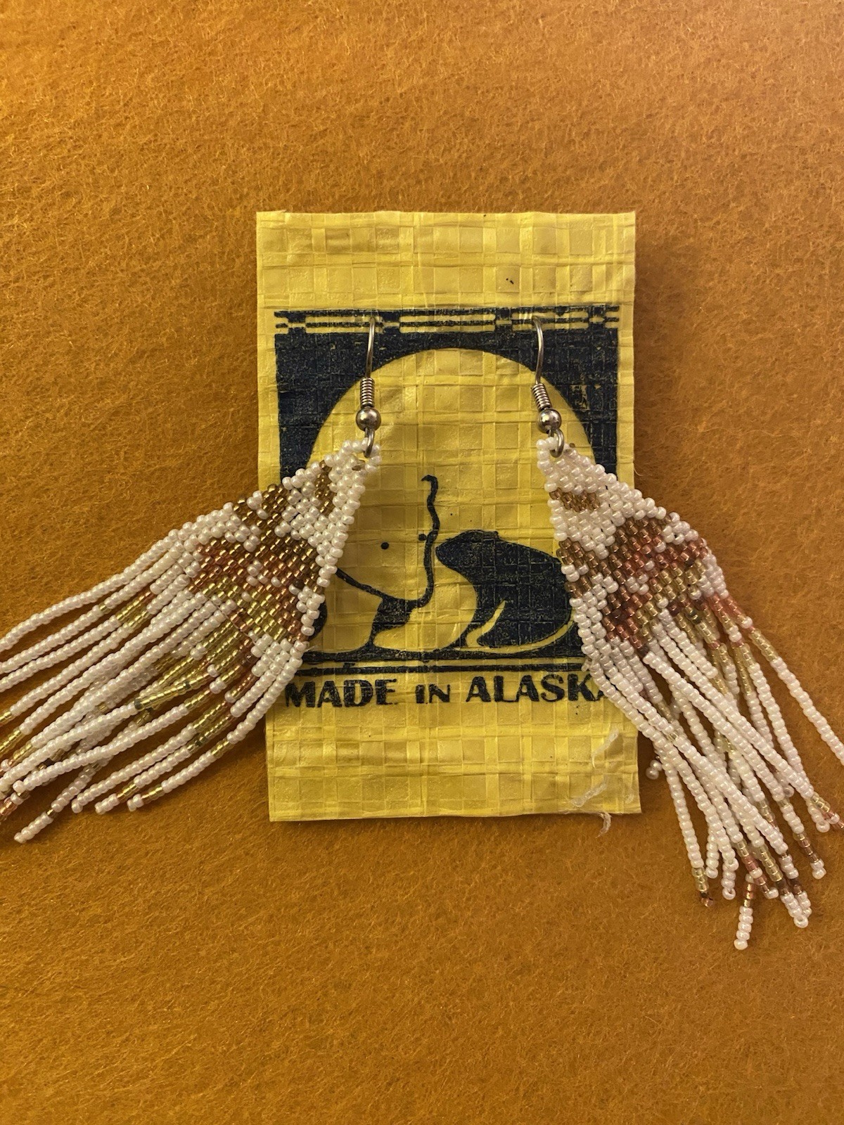 Beaded Earrings Handmade In Alaska White And Gold Dangly Beautiful Statement