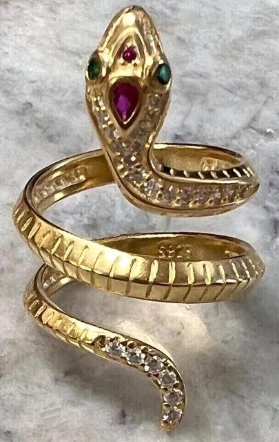 1Ct Pear Cut Lab-Created Ruby Women Unique Snake Ring 14k Yellow Gold Plated