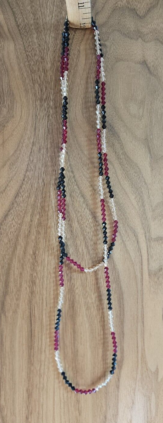 Vintage Glass Crystal Necklace Red, Clear & Black beads boho to formal 52″ VTG