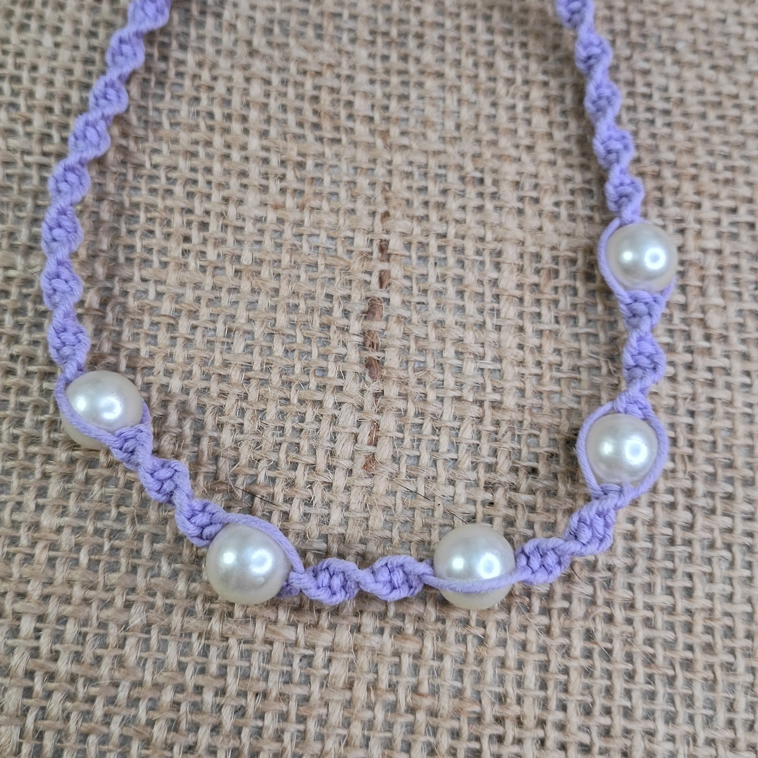 New Lavender Hemp Choker Necklace W/ Faux Pearl Beads 15 in Macrame Feminine